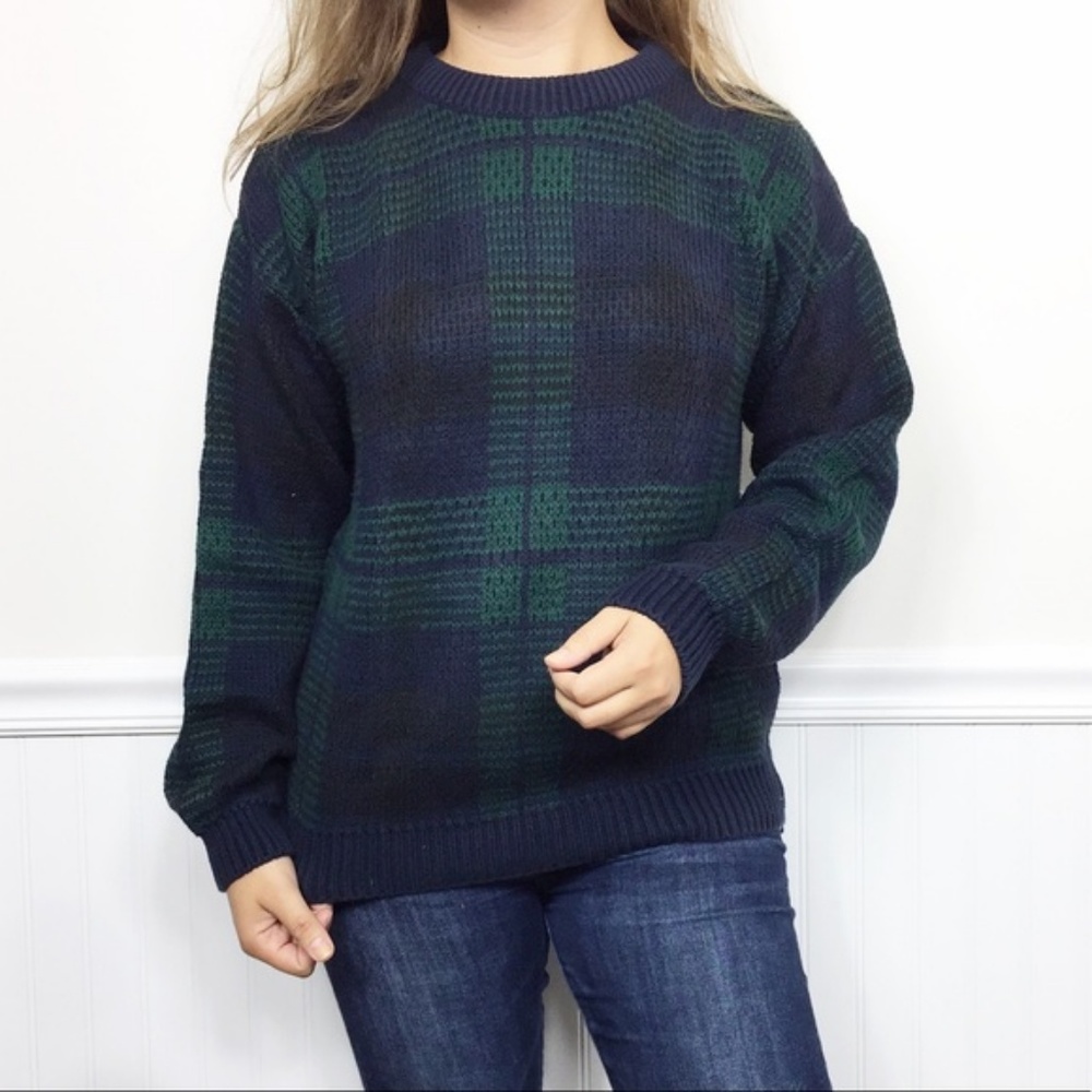 Lands’ End Vintage Green and Blue Plaid Sweater